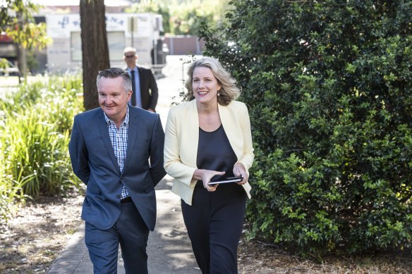 Home Affairs Minister Clare O’Neil and Labor’s Chris Bowen in Fairfield on Friday morning. 