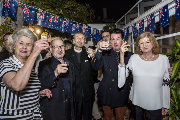 Members of the Australian Monarchist League, including Philip Benwell (second from left), at a gathering in Sydney’s Paddington last year.