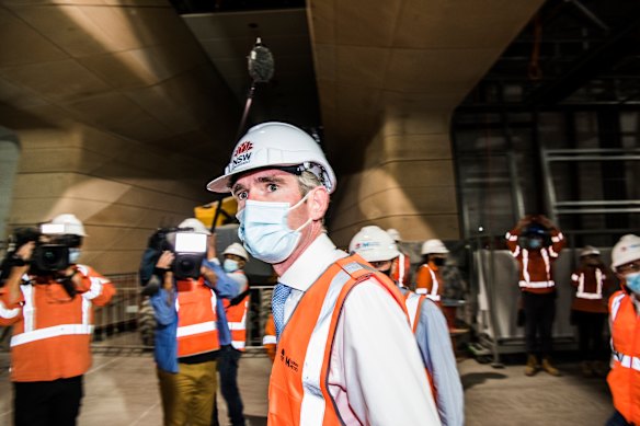 NSW Premier Dominic Perrottet inspecting a new train station yesterday. 