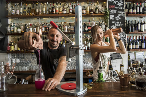 Fabrizio Culici and Tess Robens from The Rio Bar in Summer Hill bottle cocktails for home delivery.
