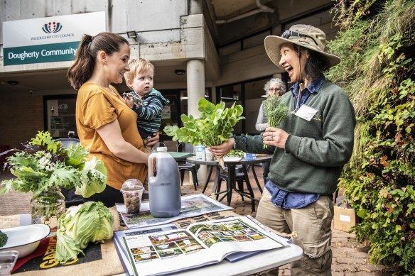 Green thumbs Penny Wood and her son Tom exchanging excess produce with Trinh Pham at the a monthly food swap in Chatswood on Friday.