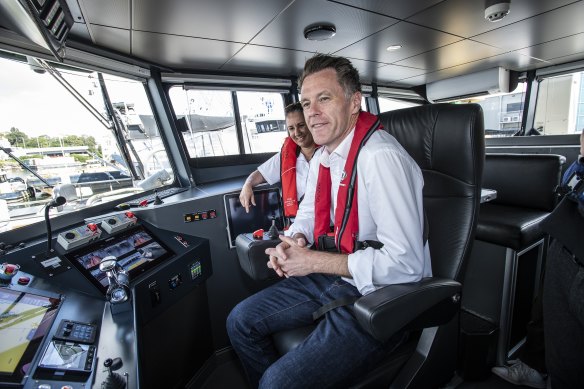 Premier Chris Minns on the deck of the Frances Bodkin, which is the first of seven new ferries.