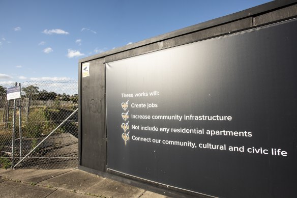 Hoarding at the Ryde Central site, detailing it will “not include any residential apartments”.