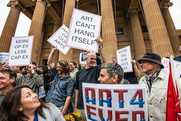 Staff protest outside the Art Gallery of NSW, following the announcement of 51 job cuts.