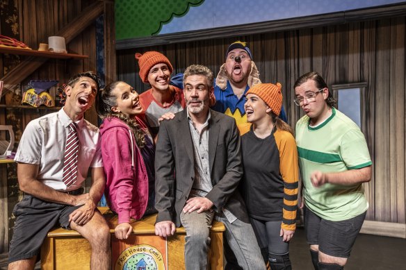 Del Aguila (centre) with Dog Man the Musical cast members, left to right: Nat Jobe, Nava Revalk, Jack Dawson, Josh Whitten, Mackenzie Garcia and Liam J. Kirkpatrick.