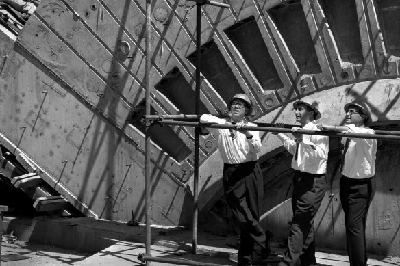 Ove Arup, Jack Zunz and Michael Lewis on site in October 1964.