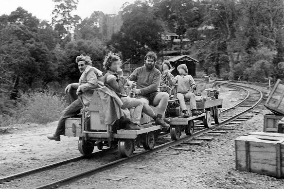 Convicted sex offenders Robert Whitehead (left) and Anthony Hutchins (right) with young volunteers at Puffing Billy in 1979.
