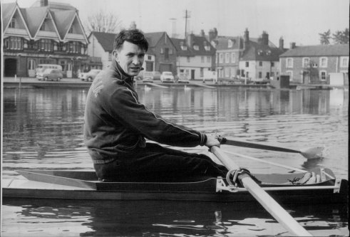 Australian sculler Stuart MacKenzie in training at Henley for the Diamond Sculls, 1961. 