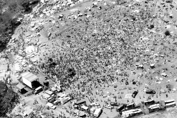 Aerial view of the scene at the 1972 Sunbury pop festival.
