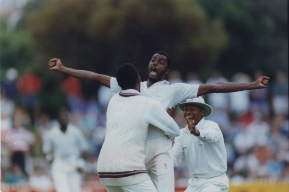 Phil Simmons, Courtney Walsh and Keither Arthurton celebrate West Indies’ one-run win in Adelaide in 1993.