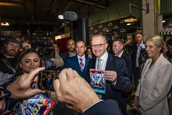 Albanese and Tanya Plibersek (right) at the new Hay St Market at Paddy’s Markets in Sydney on April 9.