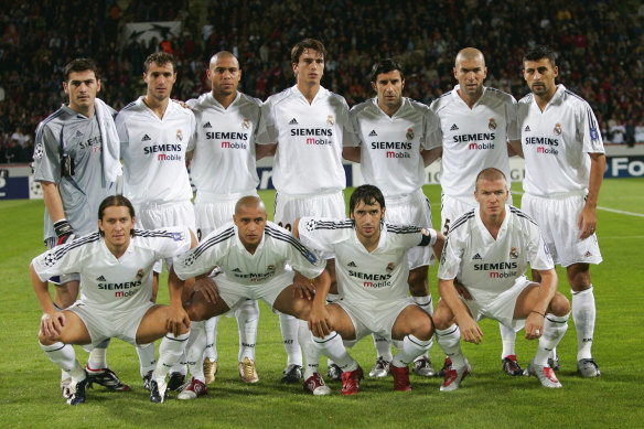 Beckham was part of  the ‘Galacticos’ side at Real Madrid, which here includes Ronaldo, Luis Figo, Zinedine Zidane, Roberto Carlos, Raul and the England captain himself. 