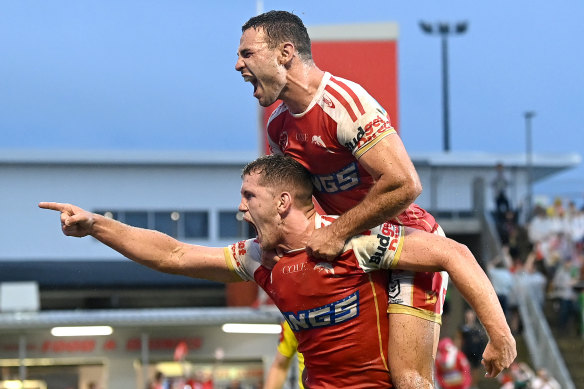 Tom Gilbert celebrates scoring a try for the Dolphins. He’s now intent on bringing that same firepower back from injury.