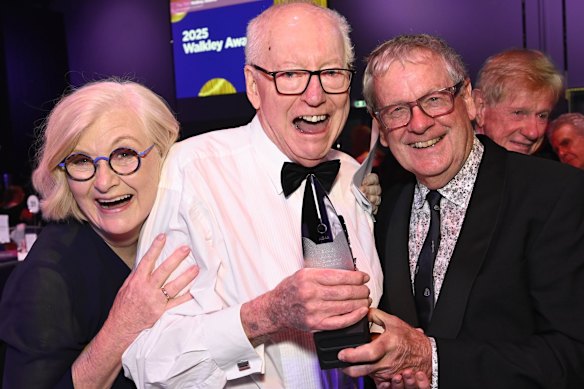 Peter Manning with Kate McClymont and Chris Masters after he was honoured for his outstanding contribution to journalism over 60 years at  the 2025 Walkley Awards.