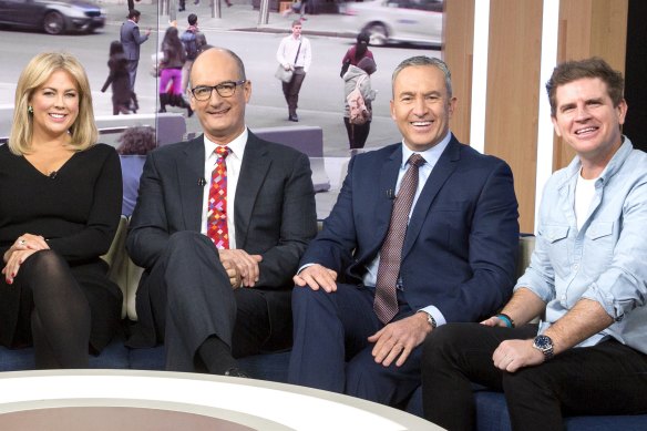 Sunrise weather reporter Sam Mac, right, with fellow cast members Samantha Armytage, David Koch and Mark Beretta.