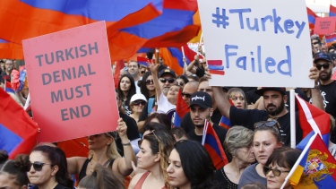 Crowds of Armenian Americans march on Wednesday in Los Angeles during the annual commemoration of the deaths of 1.5 million Armenians under the Ottoman Empire. Turkey contends the deaths were due to civil war and unrest. 