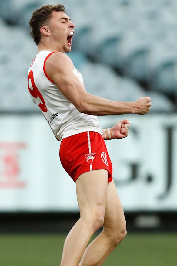 Will Hayward celebrates a goal.