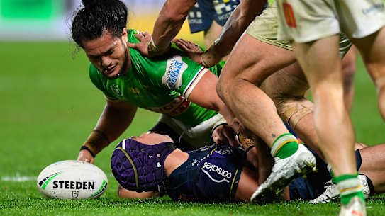 Corey Harawira-Naera fells Jahrome Hughes.