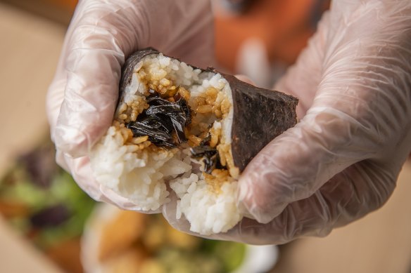 Onigiri filled with soy-marinated seaweed.