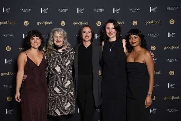 Women and Revolution board members (L-R) Bridget Raffal (Where’s Nick), Sophie Otton (She Loves you), Ella Stenning, Zoe Brunto (Lil Sis) and Saranya Kundasamy (Human Rights Commission) at the Good Food Guide awards.