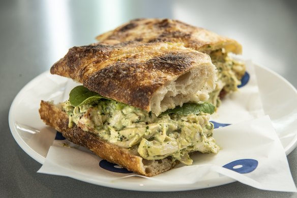 Baker Bleu’s poached chicken and green goddess sandwich.