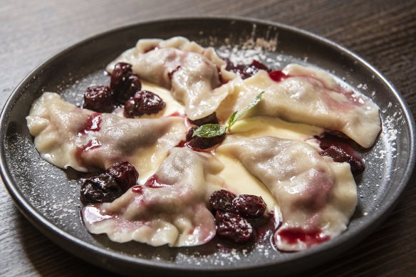 Sour cherry dumplings are a traditional Ukrainian dish served at Kyiv Social.