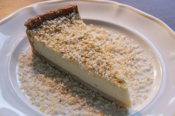 Rose geranium custard tart with hazelnut and nutmeg.