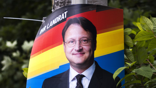 A campaign poster of far-right AfD candidate Robert Sesselmann in the small city Sonneberg.