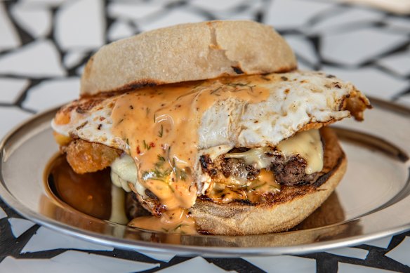 Sausage, hash and egg breakfast roll.