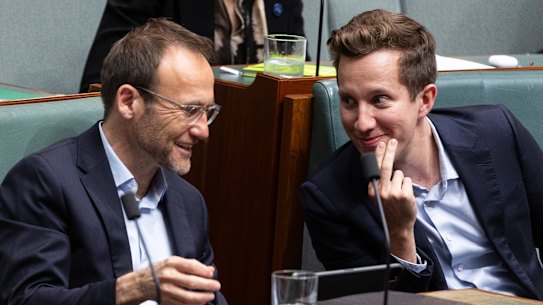 Greens leader Adam Bandt and spokesperson for Housing and Homelessness Max Chandler-Mather in parliament on Monday.