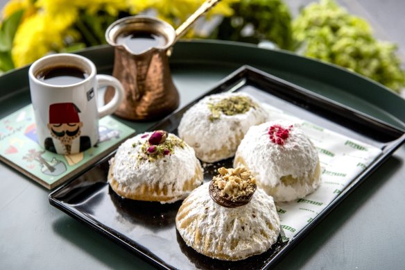 Ma’amoul (Lebanese shortbread semolina biscuits) with fillings like raspberry, white chocolate and macadamia,, gingerbread and walnut, nutella and classic pistachio. 