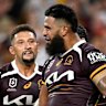 Payne Haas celebrates scoring for the Brisbane Broncos against the North Queensland Cowboys.