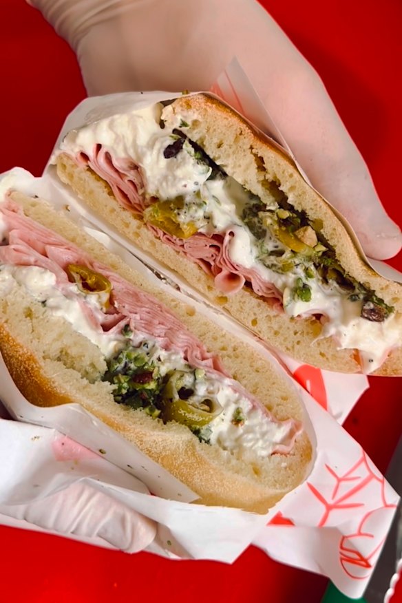 The mortadella, stracciatella, pickled pepper and pistachio sanger from Tooradeli.