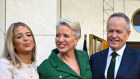 Bill Shorten with wife Chloe and daughter Clementine after anonuncing his retirement.