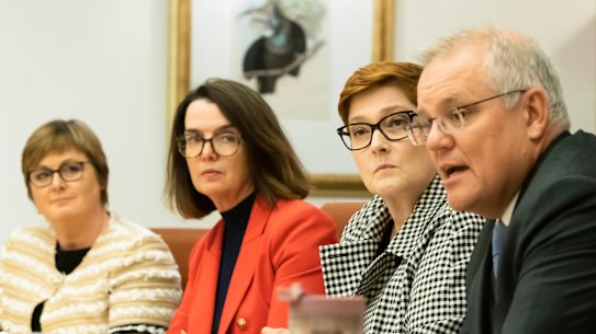 Minister for Government Services and Minister for the NDIS Linda Reynolds, Minister for Families and Social Services and Minister for Women’s Safety Anne Ruston, Minister for Foreign Affairs Marise Payne and Prime Minister Scott Morrison during the cabinet women’s taskforce meeting at Parliament House on April 6.