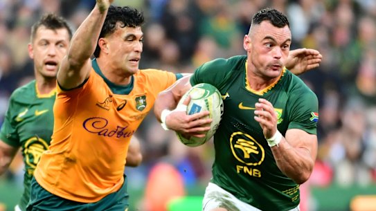 Jesse Kriel attempts to get past Joseph-Aukuso Suaalii in Cape Town last year.