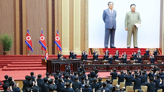 North Korea’s leader Kim Jong-un (centre left) attending the 10th session of the 14th Supreme People’s Assembly at the Mansudae Assembly Hall in Pyongyang on Monday.