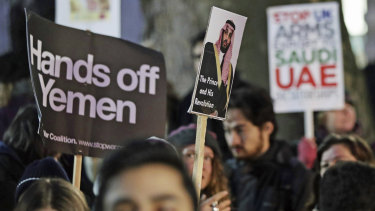 The Iranian online influence operation seeks to shape global opinions on the War in Yemen, among other issues. Here, protesters in London are photographed weighing in on the issue.