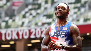 Cravon Gillespie looks on after the United States were stunned in the heats of the 4x100m relay.