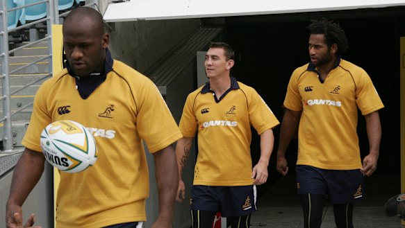Code hoppers Wendell Sailor and Mat Rogers with  Lote Tuqiri (right) in 2005.