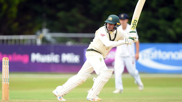Good touch: Stand-in Australia captain Usman Khawaja plays a leg glance at the County Ground after opening the batting with Marcus Harris.