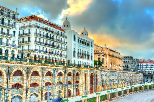A seaside boulevard in the overlooked city of Algiers,  the capital of Algeria.