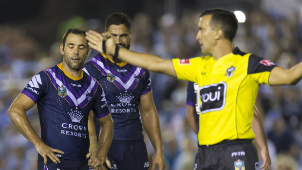 Penalty-fest: Storm skipper Cameron Smith protests a decision after Matt Cecchin and Alan Shortall handed out 33 penalties in round four.