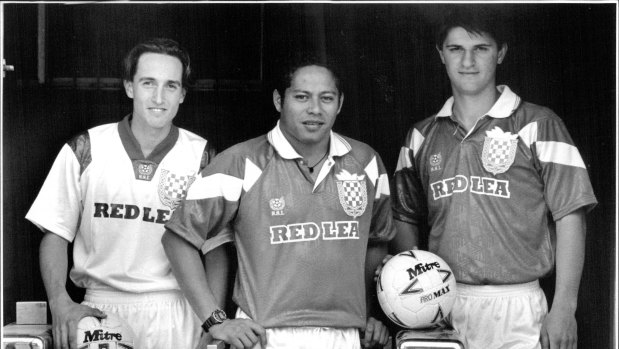 Sydney Croatia became Sydney United in 1993. Mario Jerman, Manis Lamond and Ivan Topic model the jerseys brought in at the time of the change.
