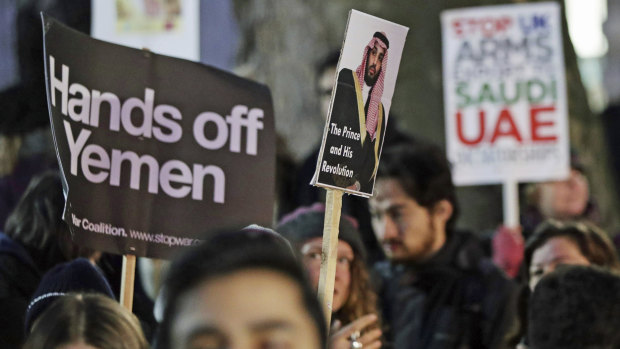 The Iranian online influence operation seeks to shape global opinions on the War in Yemen, among other issues. Here, protesters in London are photographed weighing in on the issue.