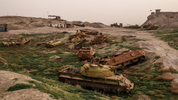 Derelict Russian tanks on hilltop base overlooking Kunduz, Afghanistan, that was captured in 2015 by the Taliban.