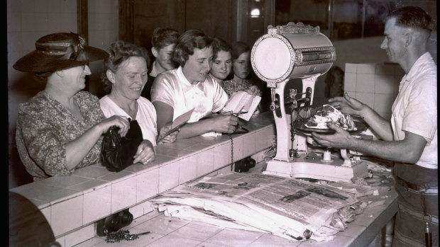 Meat rationing commences in butchers shops. Bankstown, January 1944. 