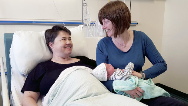 Scottish Conservatives leader Ruth Davidson and her partner Jen Wilson are seen in Edinburgh Royal Infirmary after Davidson gave birth to a baby boy in 2018. 