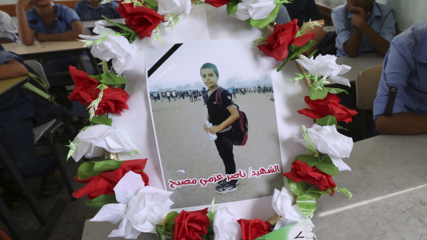 A photo of 11-year-old Nasser Musabeh, who was shot and killed by Israeli troops on Friday during a protest at the Gaza Strip's border with Israel.