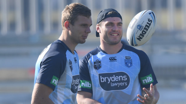 Newcomer: Angus Crighton (right) at Blues training with fellow NSW debutant Tom Trbojevic.